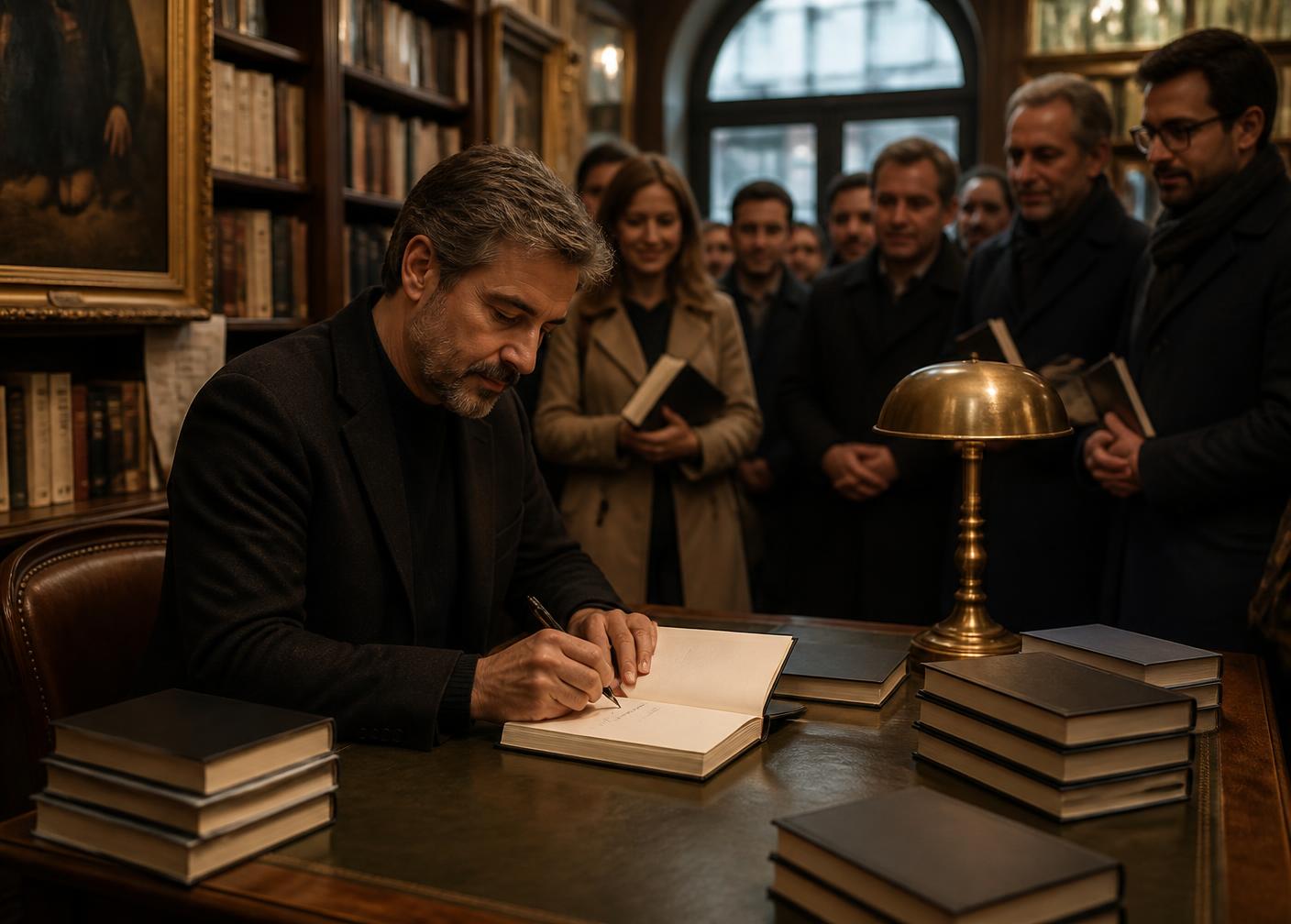 Sessão de autógrafos em livraria histórica europeia